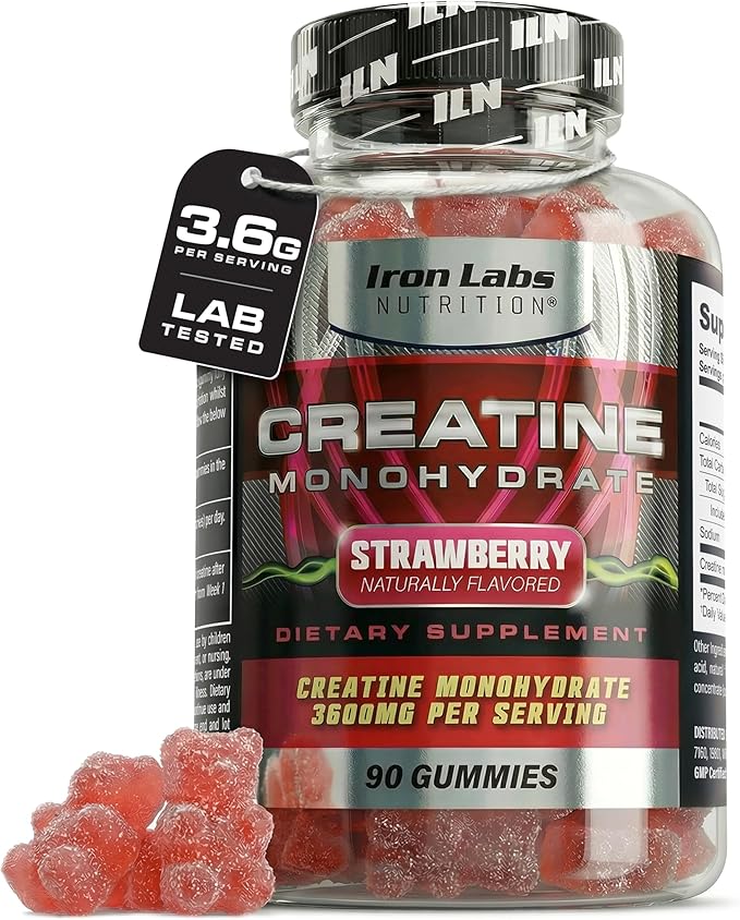 Iron Labs Nutrition Creatine Monohydrate Gummies (90 Gummy Bears) - 3600mg Per Serving - LAB Tested - Strawberry Flavor - High Strength Creatina for Men &amp Women (90 Vegan Gummys)