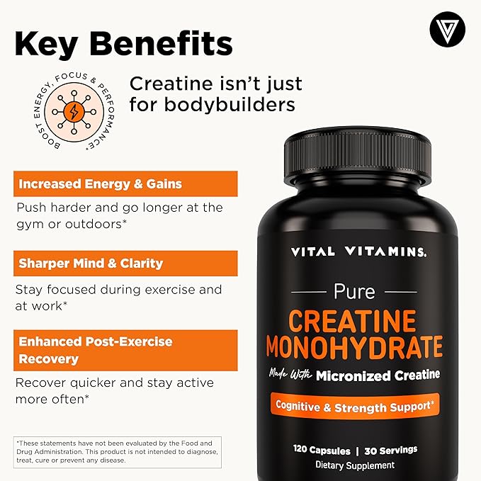 Vital Vitamins Creatine Monohydrate Pills for Women &amp Men - Micronized Creatine Capsules - Cognitive Strength Recovery Support - 3g (3000mg) per Serving - Vegan Non-GMO 120 Count