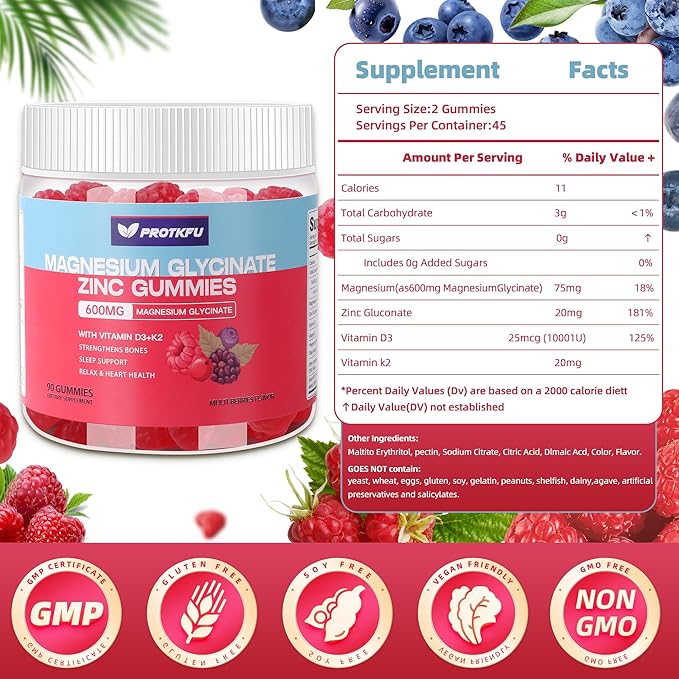 90 CT Magnesium Glycinate Gummies 600mg Sugar Free Magnesium Gummies w/Zinc &amp Vitamin D3 - Magnesium Supplements for Sleep Supports Bone Health Nerve &amp Immune Function