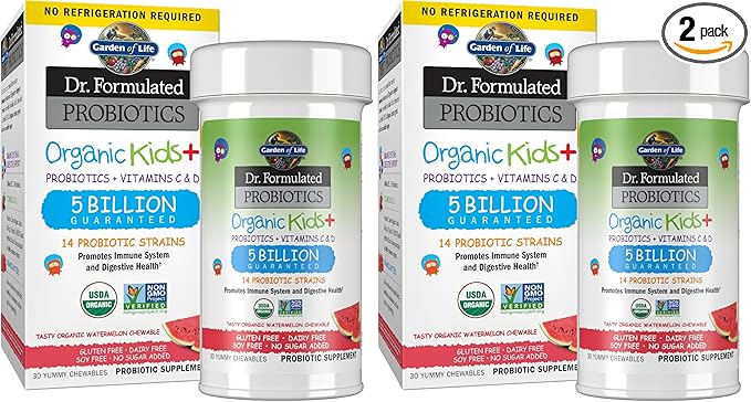 Garden of Life Dr. Formulated Probiotics Organic Kids+ Plus Vitamin C&ampD-Watermelon-GlutenDairy&ampSoy Free Immune-&ampDigestive Health SupplementNo Added Sugar30 Chewables (Shelf Stable)(Pac