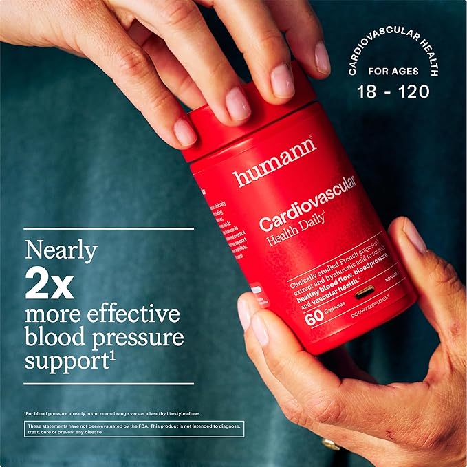 Humann Cardiovascular Health Daily 4-in-1 Vascular &amp Blood Pressure Support Grape Seed Extract &amp Hyaluronic Acid Circulation Supplement Plant-Based Non-GMO 60 Capsules