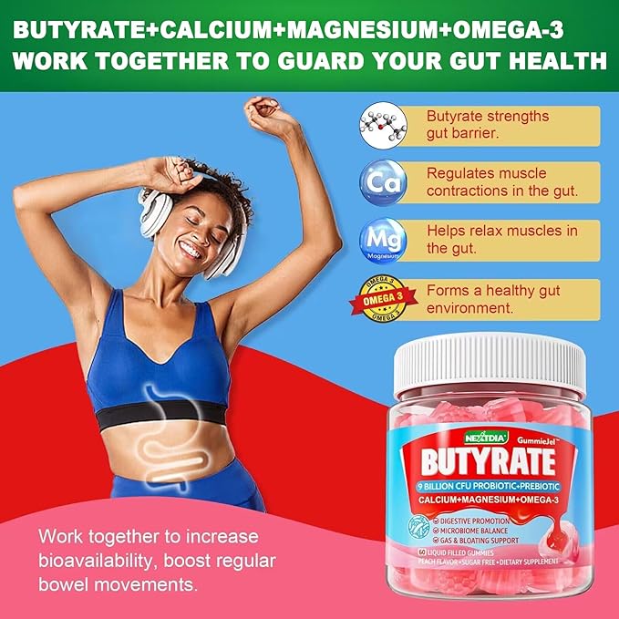 Butyrate Gummies with Probiotic + Prebiotic + Postbiotic Omega-3 500mgFiber with 9 Billion CFU Probiotics Calcium &amp Magnesium InulinPsyllium Husk for Digestive HealthBloating SupportSugar F