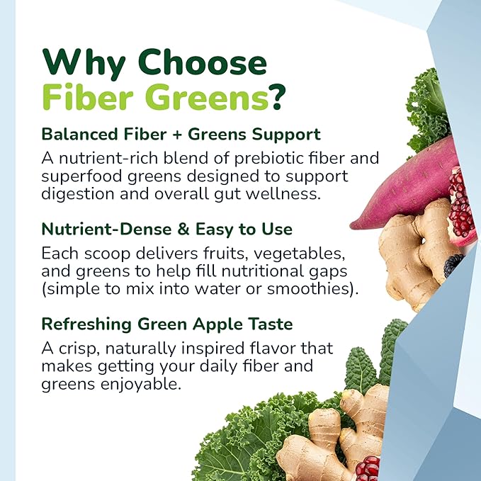 Soluble Fiber Greens Powder with 30 Superfoods Probiotics &amp Prebiotic Fiber Supplement for Women &amp Men - Support Digestion Regulate Blood Sugar &amp Promote Daily Energy - Made in USA - 30