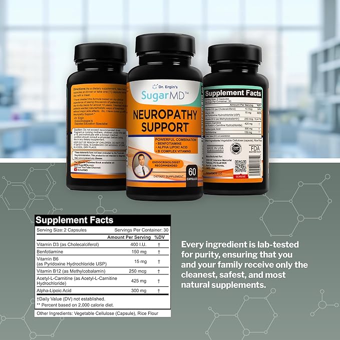 SugarMD Neuropathy Support Supplement – 60 Nerve Capsules with Alpha Lipoic Acid Benfotiamine &amp Vitamin D3 B6 B12 - Nerve Support for Feet Hands Fingers &amp Legs - 30 Day Supply
