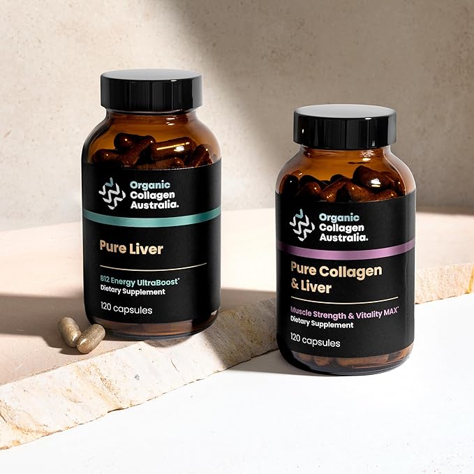 Organic Collagen Australia Pure Collagen &amp Liver Capsules – Muscle Strength &amp Vitality with Hydrolyzed Collagen Grass-Fed Liver and Vitamin B12 – 120 Capsules