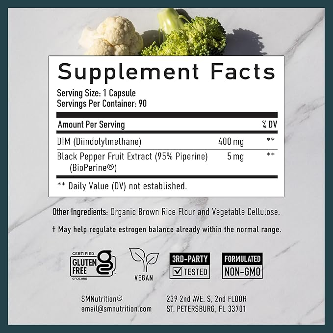 Calcium D-Glucarate &amp 400mg DIM Supplement for Enhanced Estrogen Hormone Balance | Vegan Gluten Free CDG Supplement (90 Servings) with Extra Strength DIM (90 Servings)