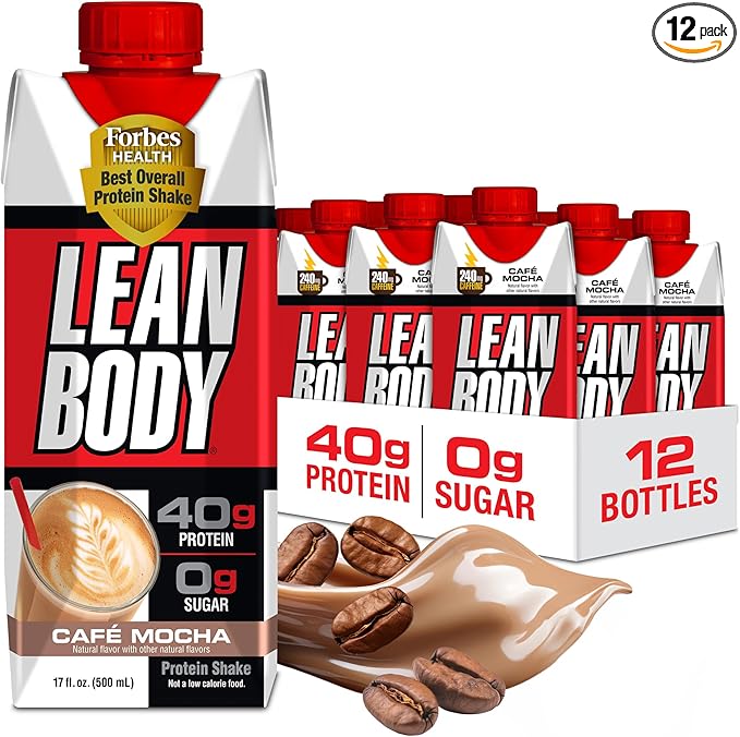 Lean Body Ready-to-Drink Café Mocha Protein Shake 240mg Caffeine 40g Protein Whey Blend 0 Sugar Gluten Free 22 Vitamins &amp Minerals (Recyclable Carton &amp Lid - Pack of 12) LABRADA