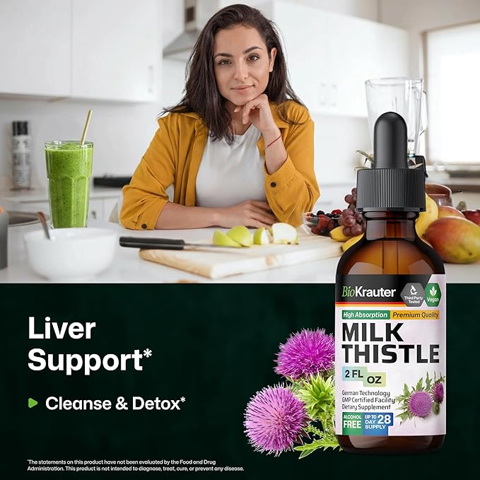 BIO KRAUTER® Milk Thistle Supplement - Liquid Pure Vegan Milk Thistle Extract 680 mg per Serving 2 Fl.Oz 28 Days of Supply - Liver Cleanse &amp Detox Сontains Silymarin - Alcohol &amp Sugar Free