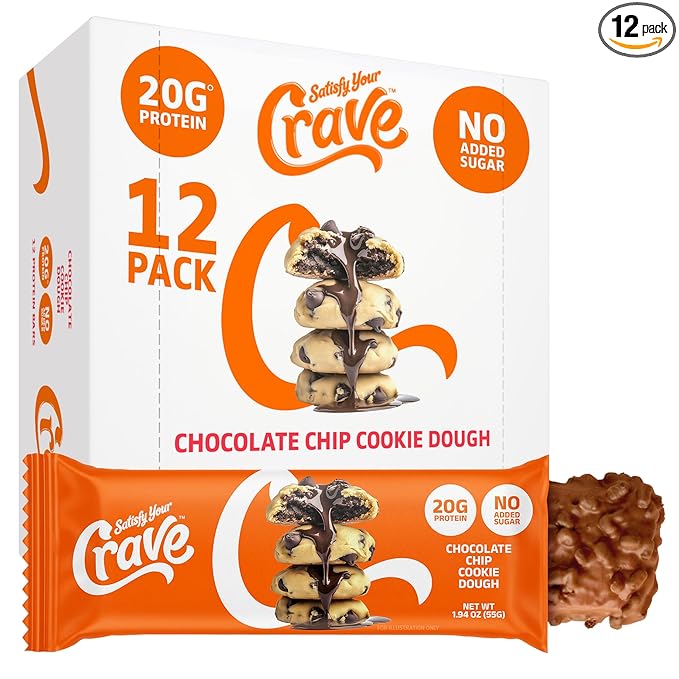 Satisfy Your Crave Protein Bars– High Protein Delicious Snacks– 20g of Protein No Added Sugar– Chocolate Chip Cookie Dough– Perfect for Breakfast On-the-Go Snack Pantry Staple &amp Office Treat– N