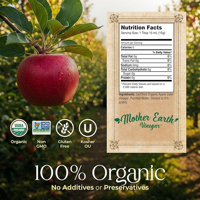 Mother Earth Organic Apple Cider Vinegar with The Mother Half Gallon Fresh Pressed Organic Apples OACV ACV Raw Unpasteurized Unfiltered (1/64oz Bottle)