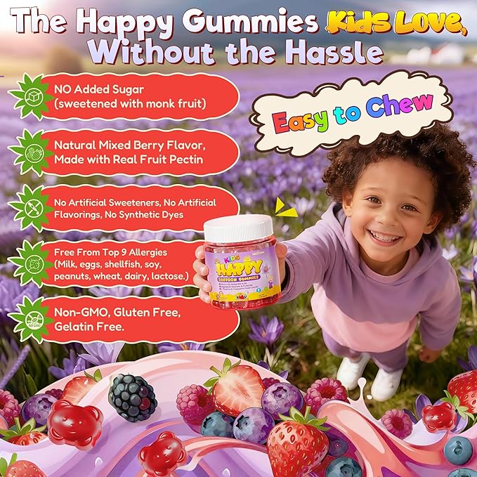 Happy Saffron Gummies for Kids Teen Organic Saffron + Magnesium Glycinate Supplement with Probiotics L-Theanine Chamomile D3 B6 B12 for Children's Focus &amp Mood Calm Sleep Sugar Free 120