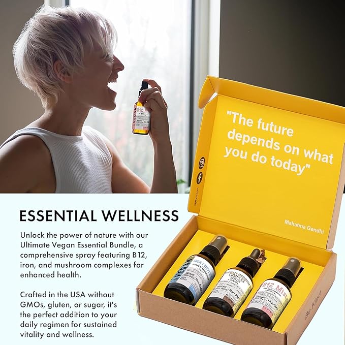 Ultimate Vegan Essential Bundle Liquid Spray- Ultimate Mushroom Complex Iron Bisglycinate and Vitamin B12 Methylcobalamin All Natural Non-GMO Gluten Free Sugar Free 2 Fl Oz 360 Days Supply