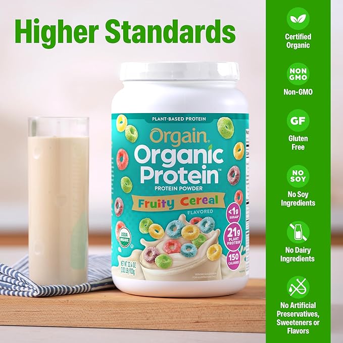Orgain Organic Vegan Protein Powder Fruity Cereal - 21g Plant Based Protein 8g Prebiotic Fiber Low Net Carb No Lactose Ingredients No Added Sugar Non-GMO For Shakes &amp Smoothies 2.03 lb