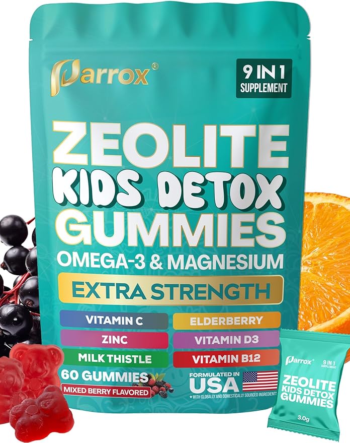 Zeolite Kids Gummies 9-in-1 with Zeolite Omega-3 Magnesium Elderberry Vitamin C Milk Thistle Vitamin D3 Zinc B12 – Sugar-Free (60 Gummies – Mixed Berry Flavor)