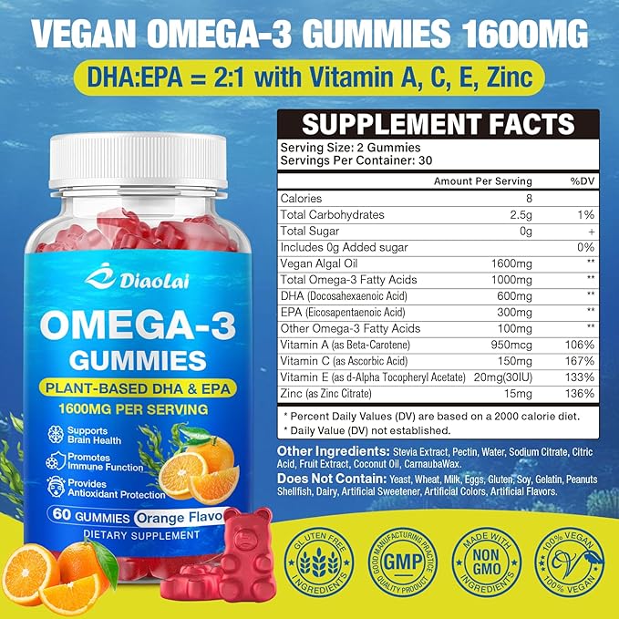 2 Pack Vegan Omega-3 Gummies for Adults – Sugar-Free Algae-Based DHA 600mg &amp EPA 300mg with Vitamins A C E Zinc – Omega 3 Fish Oil Alternative 120 Count