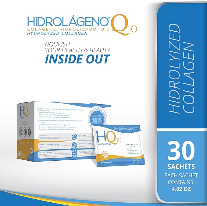 Hidrolageno Q10 Hydrolyzed Collagen Vitamins ZINC Antioxidants 30 sachets per pack 4.2 Ounce Pack of 1
