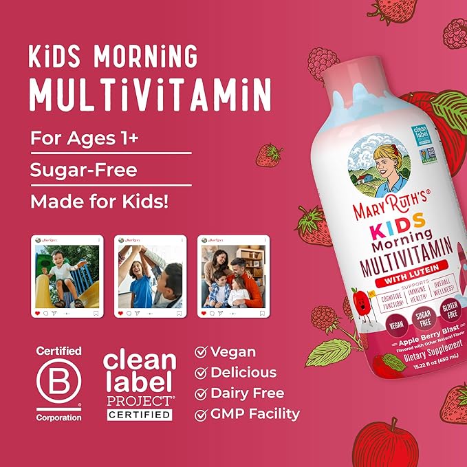 MaryRuth's Liquid Morning Multivitamin for Kids | Kids Multivitamin | Immune Support Supplement | Vitamin C | Vitamin D | Essential Nutrients | Vegan | 30-180 Servings | 15.22 fl oz
