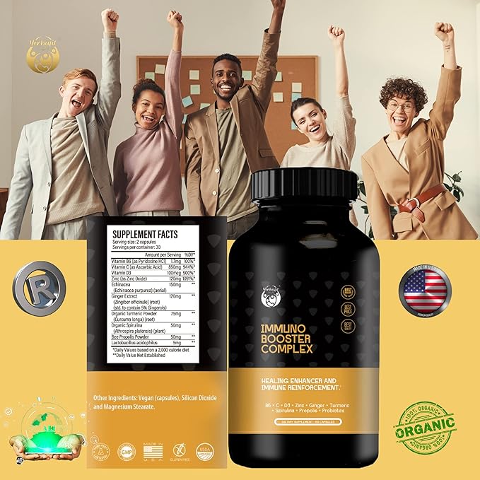 Defense support Strengthen your immune system and protect your health with10-in-1 combination of Vitamins C D3 B6 Zinc Echinacea Ginger Turmeric Spirulina Propolis and Probiotics. 60 cap
