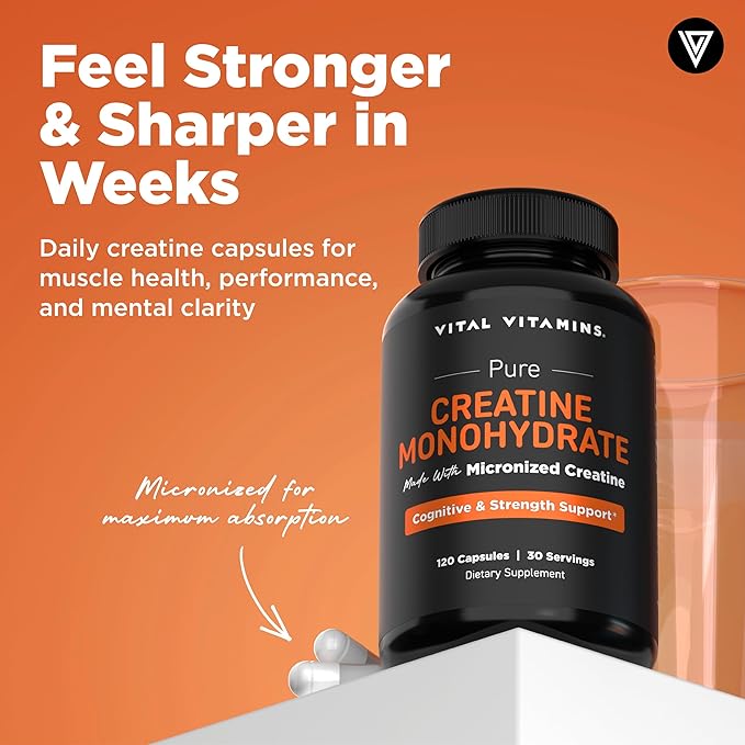 Vital Vitamins Creatine Monohydrate Pills for Women &amp Men - Micronized Creatine Capsules - Cognitive Strength Recovery Support - 3g (3000mg) per Serving - Vegan Non-GMO 120 Count