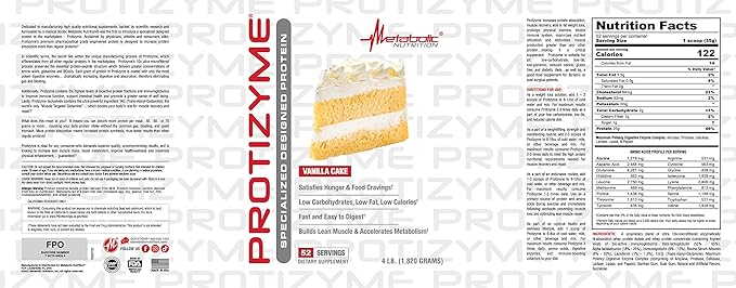 Metabolic Nutrition Protizyme 100% Whey Protein Powder High Protein Low Carb Low Fat Whey Protein Digestive Enzymes 24 Essential Vitamins and Minerals 4 Pound (52 ser)