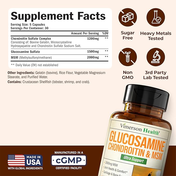 Glucosamine Chondroitin MSM Supplement – 3-in-1 Joint Supplements for Men and Women w/Glucosamine Sulfate 1500mg Chondroitin Sulfate 1200mg &amp MSM 2000mg for Joint Health – FSA Eligible 150 Caps