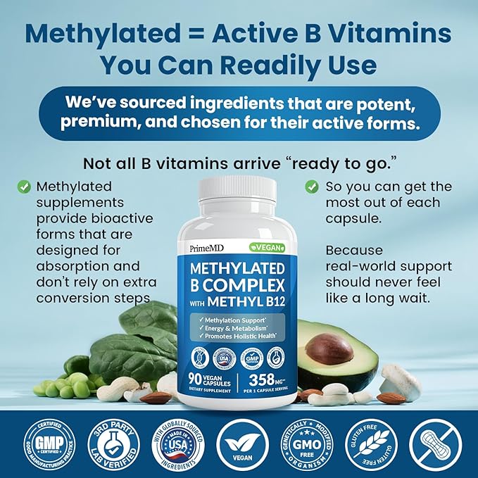 Methylated B Complex with Methylfolate and B12 Methylcobalamin 1000 mcg - Methylated Multivitamin for Energy Brain Function and Wellness - Vitamin B Complex for Men &amp Women (90 Servings) (Pack o
