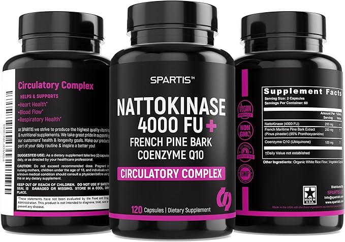 Nattokinase Supplement 4000 FU CoQ10 100mg French Maritime Pine Bark Extract 200mg with Enzymes for Circulatory &amp Cardiovascular Support (Pack of 1 at 120-Caps)