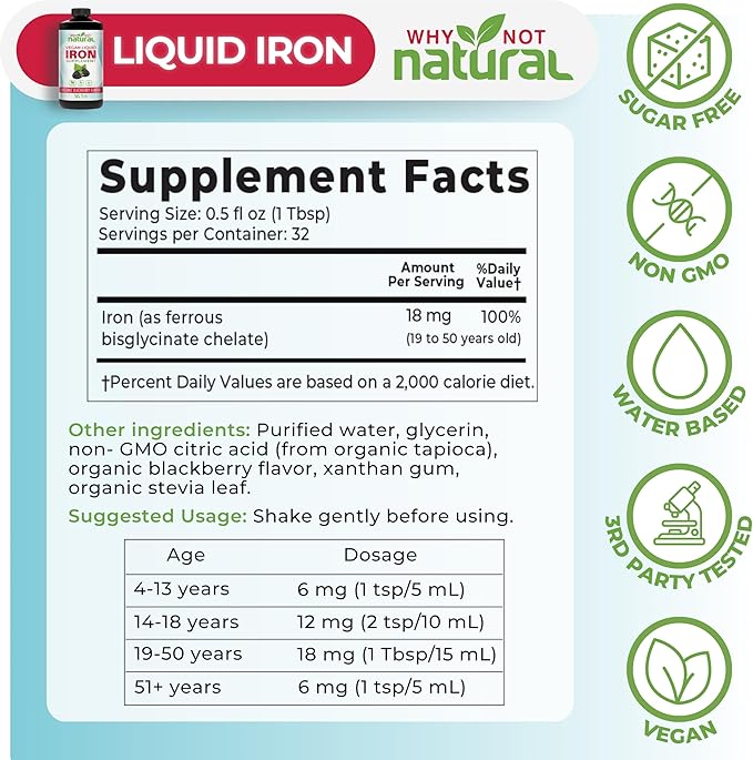 Why Not Natural Liquid Iron Supplement for Women Men and Kids Vegan Formulation for Anemia Sugar Free Vegan Non-GMO Organic BlackBerry Flavor 16 Fl Oz