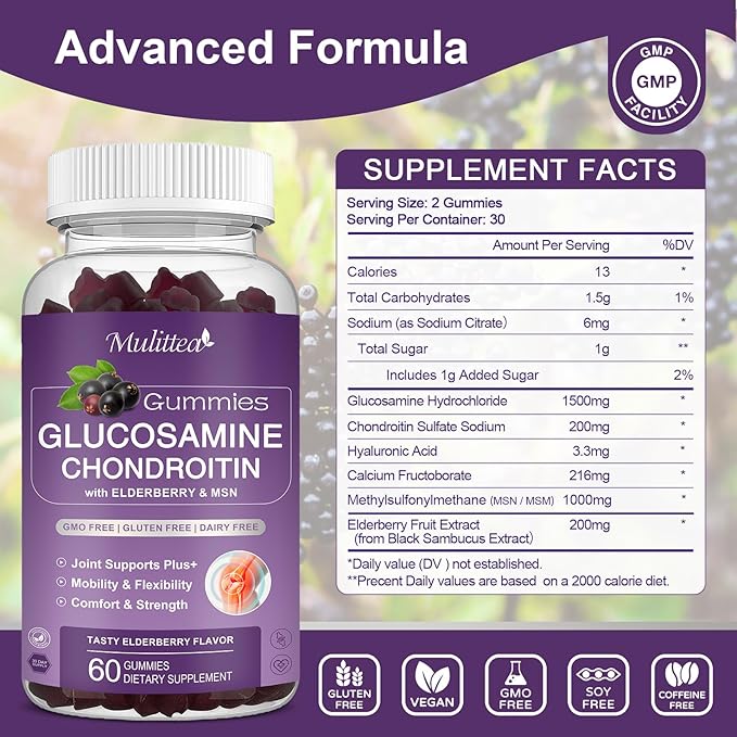 Mulittea Glucosamine Chondroitin Gummies - Extra Strength Joint Support Supplement with MSM &amp Elderberry for Natural Joint Antioxidant Immune Support for Adults Men &amp Women-(2 Pack)