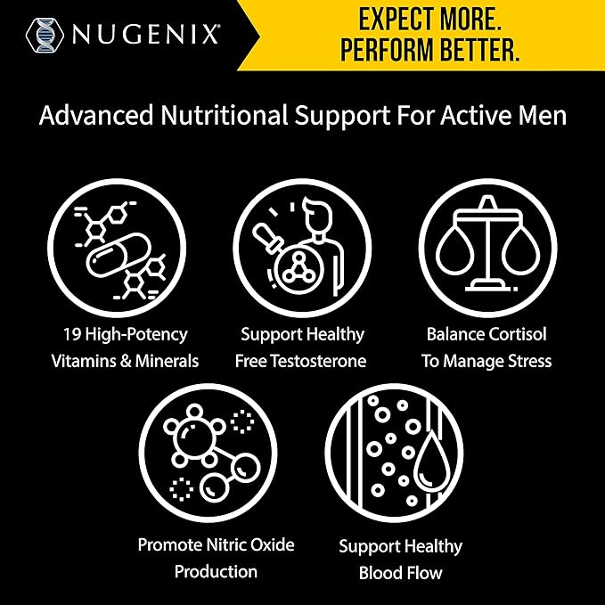 Nugenix Multivitamin for Men Multivitamin and Testosterone Support - 19 Vitamins and Minerals Supports Free Testosterone Balance Cortisol Promotes Nitric Oxide Production Blood Flow - 60 Tablets