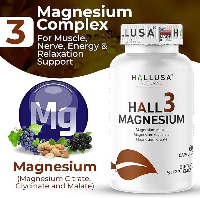 Magnesium 3 Complex Capsules 900mg Citrate Glycinate &amp Malate Muscle Support Nerve Energy &amp Relaxation Support Magnesium Complex Supplement Non GMO Gluten Free 60 Count