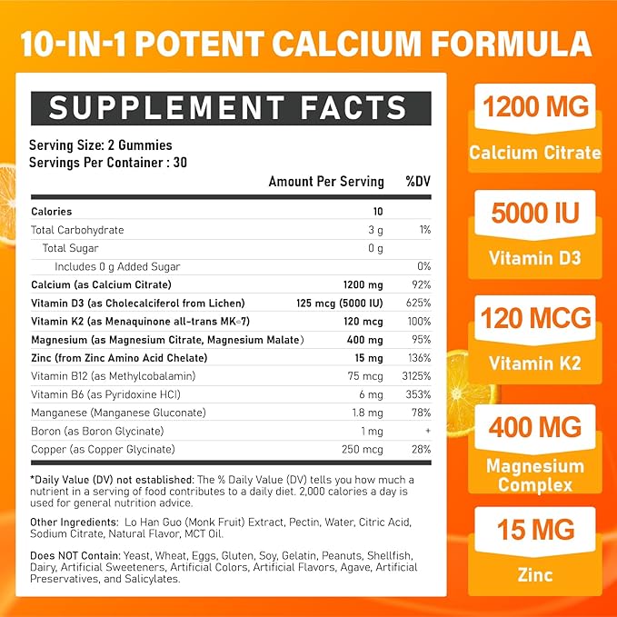 Calcium 1200 mg with Vitamin D3 Supplement for Adults - Calcium Gummies with 5000iu Vitamin D3 K2 B6 B12 Magnesium &amp Zinc - Calcium Supplement for Women Men - Easy to Digest Vegan