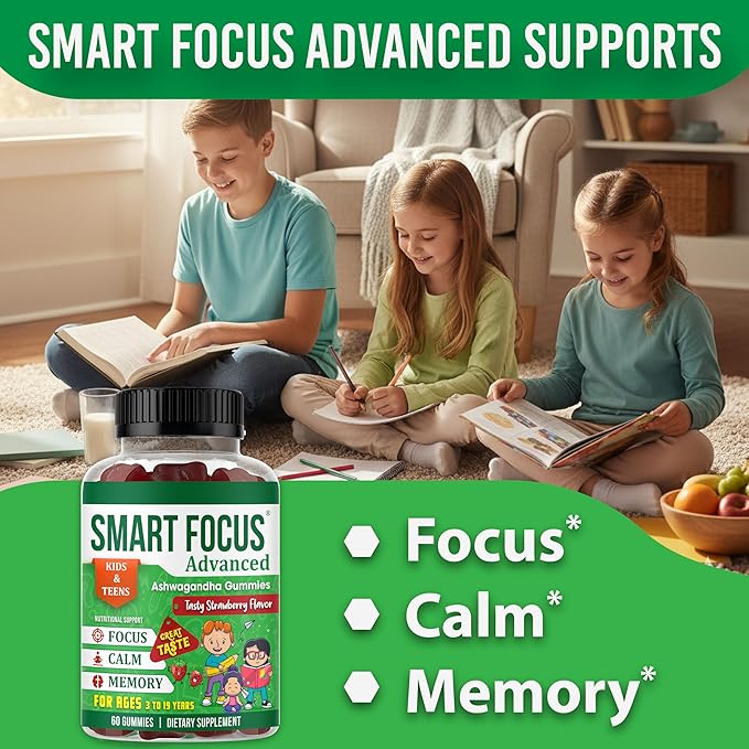 Kids Focus Gummies with Calm Ashwagandha Supplements for Kids &amp Teens – Calm Gummies for Attention Memory &amp Relaxed Sleep – Natural Strawberry Flavor – 60 Gummies