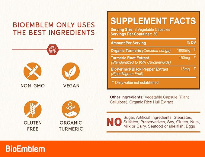 BioEmblem Turmeric Curcumin Supplement with BioPerine | Joint Support &amp Heart Health | with Organic Turmeric Powder &amp 95% Curcuminoids Extract | California Made Non-GMO 60-Day Supply