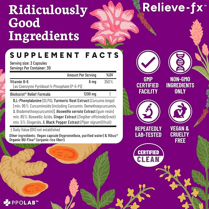 PPO Lab® Relieve-fx™ DLPA Boswellia Turmeric Ginger Supplement for Inflammation Health Heart Gut Cramps Joint Stress Relief Factors as Curcumin Boswellic Acid Black Pepper Extract 90 Capsules