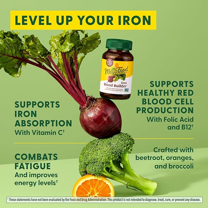 MegaFood Blood Builder Iron Supplement for Women &amp Men - Increase Iron Levels Without Side Effects - Combats Fatigue - with Vitamin B12 Folic Acid &amp Vitamin C for Absorption - Vegan - 180 Tab
