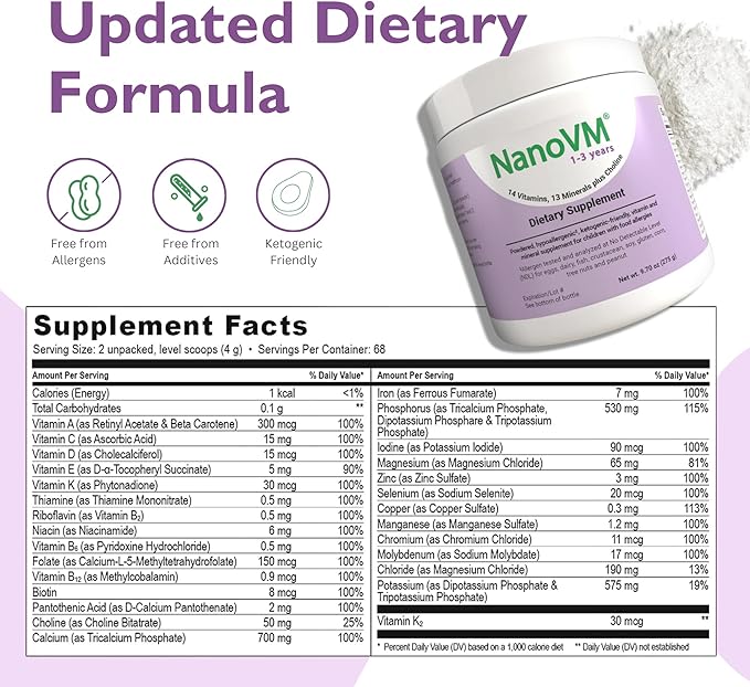 1-3 Years Allergen-Free Multivitamin for Kids Unflavored Dietary Supplement Powdered Supplement with 14 Vitamins &amp 13 Minerals Low-Carbohydrate Toddler Vitamins 275g - Solace Nutrition