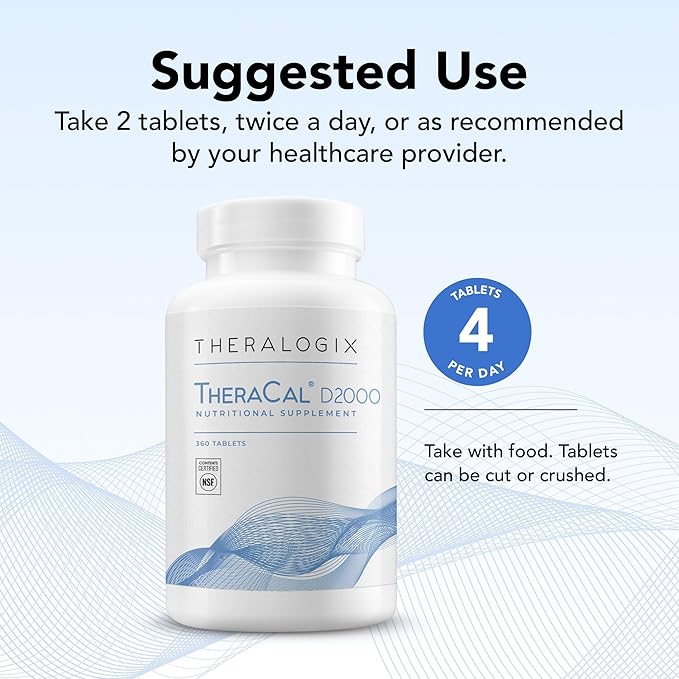 Theralogix TheraCal D2000 - Bone Health Support Supplement with Calcium Magnesium Vitamin D3 Vitamin K2 &amp Boron* - 90-Day Supply - NSF Certified - 360 Tablets