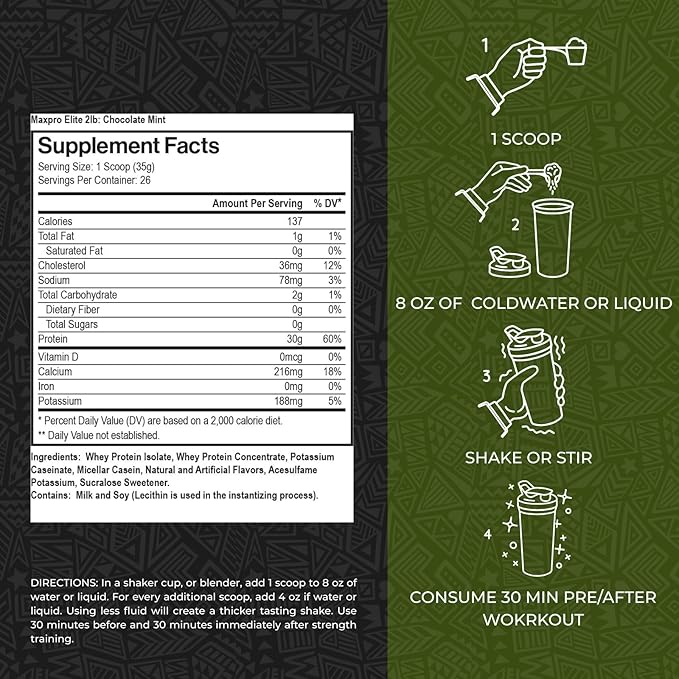 Max Muscle Maxpro Elite | 30g Protein | 6.6g BCAAs | Micellar Casein Cold Filtered Whey Isolate Protein Concentrate | Promotes Muscle Growth Strength and Recovery (Chocolate Mint 2lb)
