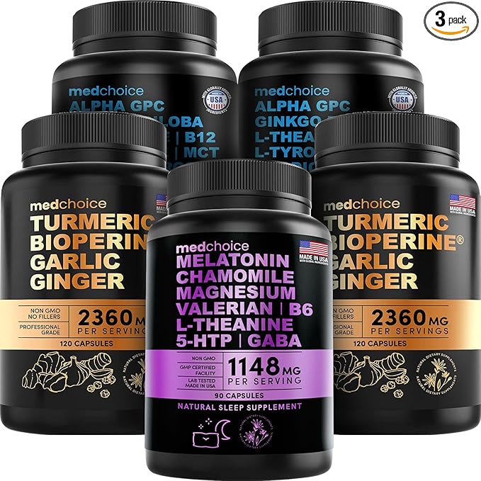 MEDCHOICE Sleep Melatonin (90ct) Turmeric &amp Ginger (240ct) and Nootropic Brain (120ct) Supplement Bundle - Wellness Trio for Brain Sleep &amp Immune Support - Vegan Non-GMO Gluten-Free