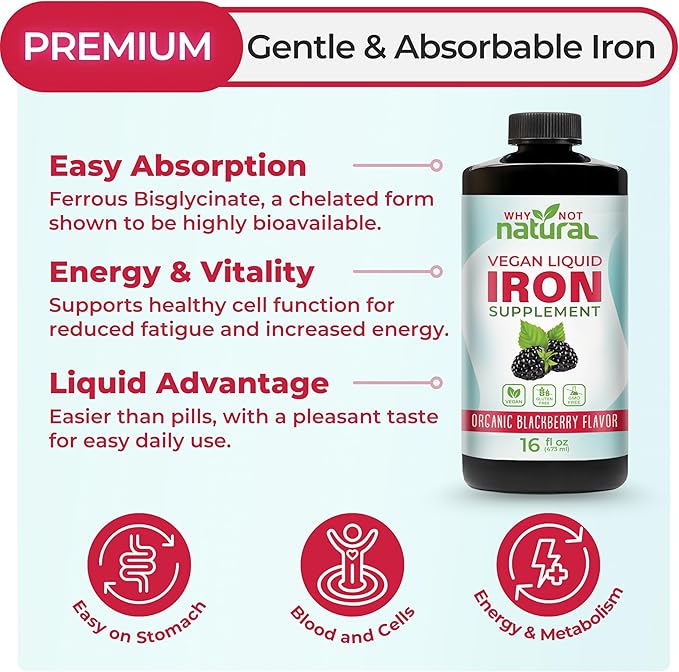 Why Not Natural Liquid Iron Supplement for Women Men and Kids Vegan Formulation for Anemia Sugar Free Vegan Non-GMO Organic BlackBerry Flavor 16 Fl Oz