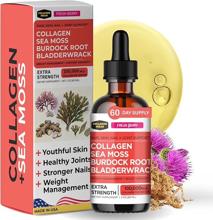 Collagen Mojo - Liquid Collagen for Women &amp Men Collagen Peptides with Sea Moss Burdock Root &amp Bladderwrack - Hair Skin Nails Joint Support Weight Management High Absorption - 100000mc