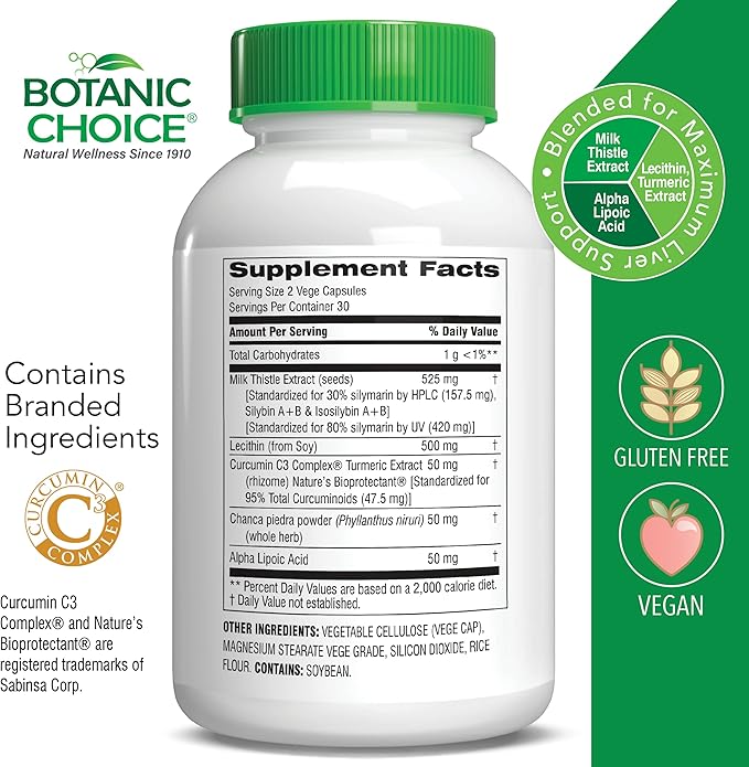 Botanic Choice Liver 10 Complex - Premium Liver Health Support and Wellness Supplement - Natural Herbal Blend with Milk Thistle Extract Lecithin and Curcumin C3-60 Pills