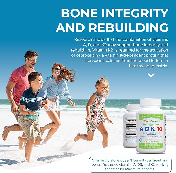 Power By Naturals ADK Vitamin Supplement – ADK 10 High Potency with Vitamins A D3 10000 IU &amp K2 MK7 for Bone Health – Vitamin A D K Supplement – 90 Capsules 2 Pack (6-Month Supply)