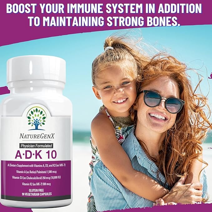 ADK10 – ADK Vitamin Supplement | High Potency Vitamins A D3 (10000 IU) &amp K2 MK-7 for Bone Heart &amp Immune Health | 90 Tiny Capsules | 3 Month Supply | Non-GMO Gluten Free