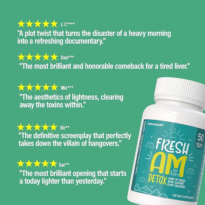 NANOWELL Fresh AM Detox - Liver Health Support Supplement with DHM Milk Thistle Vitamin C B1 &amp B2-50 Chewable Tablets for Detox and Recovery
