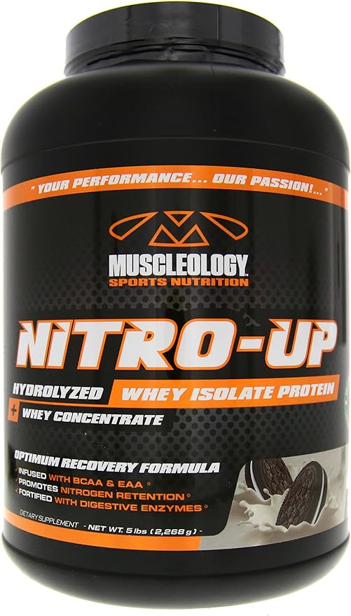Muscleology Nitro-Up Hydrolyzed Whey Isolate Protein Infused with BCAAs EAAs and Digestive Enzymes (Cookies &amp Cream 5 Pound)