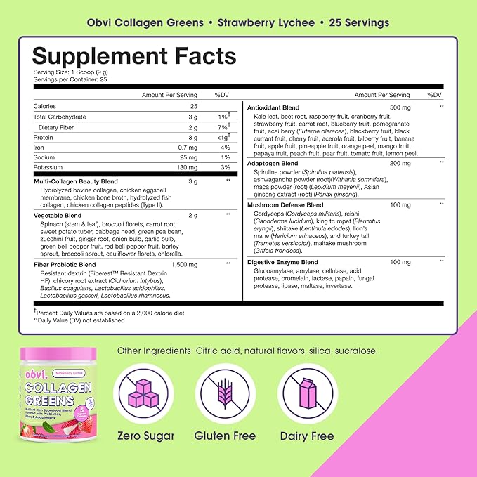 Obvi Collagen Greens | Organic Greens Superfood Powder with Collagen Peptides | Probiotics for Gut Health Skin Hair Nails | Gluten-Free Zero Sugar | Strawberry Lychee Flavor 25 Servings