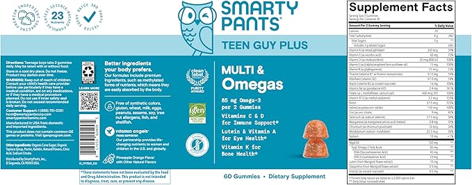 SmartyPants Teen Guy Multivitamin Gummies Omega 3 (DHA/EPA) Vitamin D3 C Vitamin B12 B6 A K &amp Zinc Folate Gluten Free Fruit Flavor 60 Count (30 Day Supply)