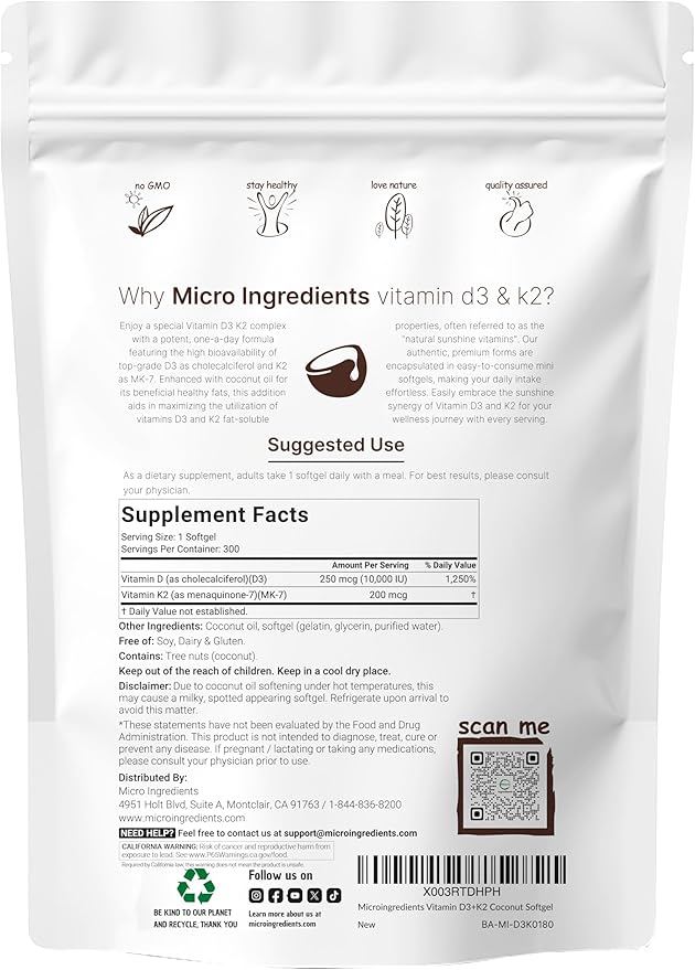 Micro Ingredients Vitamin D3 10000 IU + K2 MK-7 200 mcg 300 Softgels with Virgin Coconut Oil | 2-in-1 Vitamins D &amp K Complex | Extra Strength Easy to Swallow Non-GMO Gluten Free